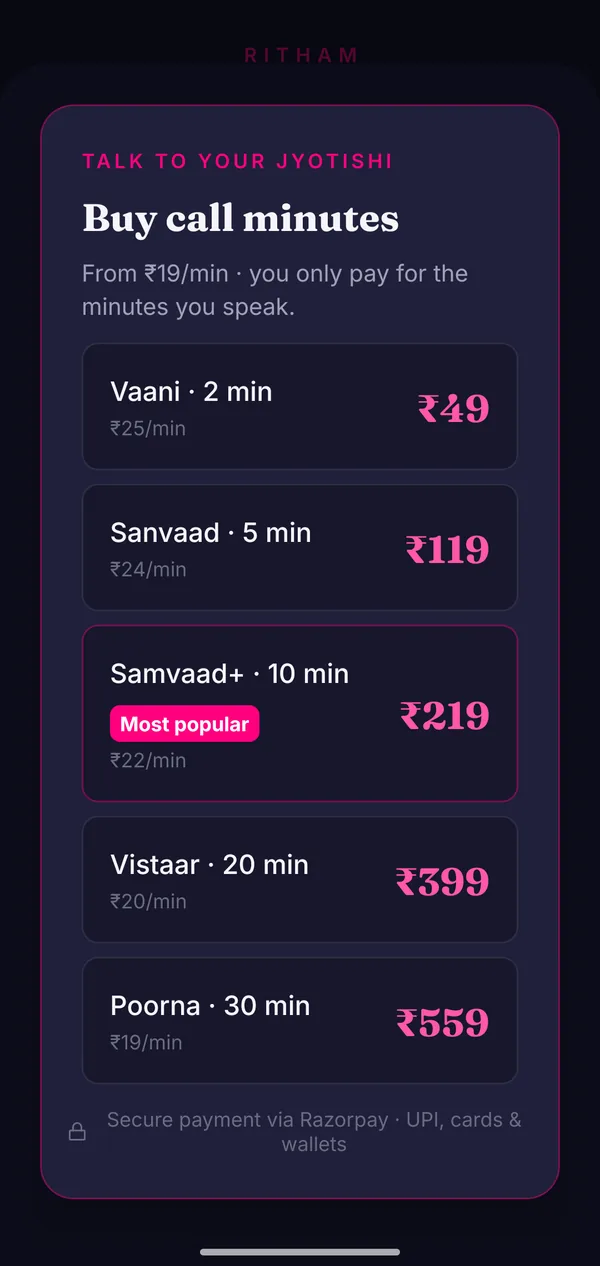 Ritham call-minute packs priced in rupees, paid via Razorpay