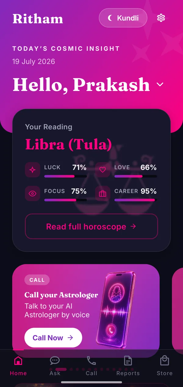 Ritham app home screen showing today's personalised horoscope